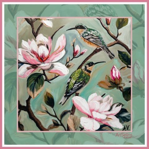 Kolibri və magnoliya naxışlı ipək yaylıq (110x110 sm)