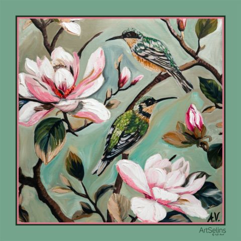 Kolibri və magnoliya naxışlı ipək yaylıq (110x110 sm)