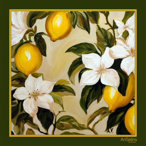 Limon və çiçək naxışlı ipək yaylıq (110x110 sm)