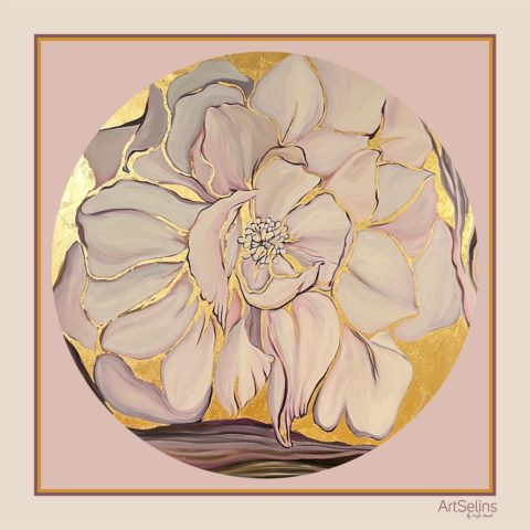 Qızılı konturlu çiçək naxışlı ipək yaylıq (110x110 sm)