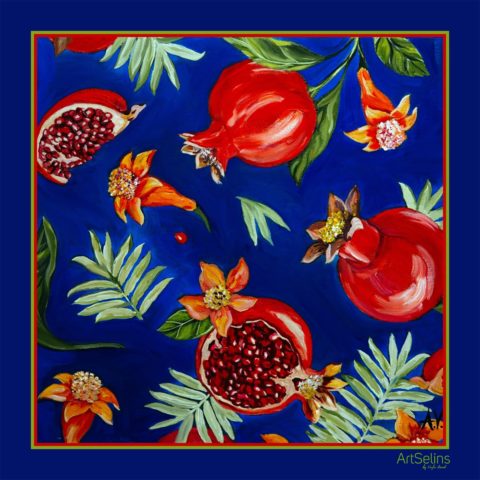 Nar və çiçək naxışlı ipək yaylıq (110x110 sm)