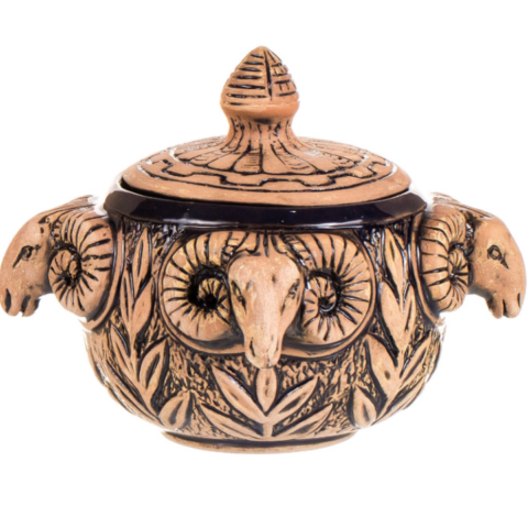 Ceramic sugar bowl with a ram figure
