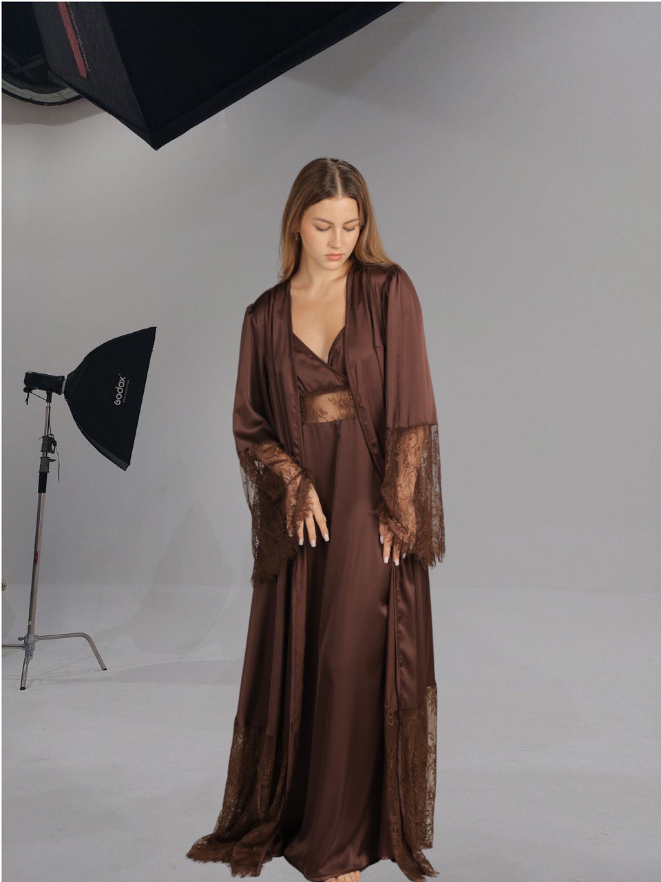 This exquisite peignoir in a deep chocolate brown